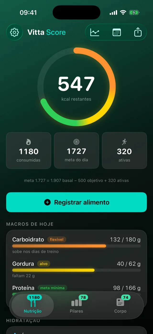 Aba Nutrição do Vitta Score: anel de calorias com 547 kcal restantes, meta do dia transparente, botão Registrar alimento e macros de carboidrato, gordura e proteína.